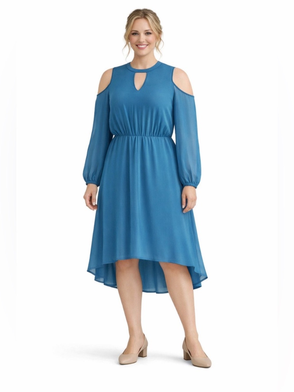 Chiffon MIDNIGHT VELVET CATALOG Peacock Blue Office Casual Floaty High Low Dress